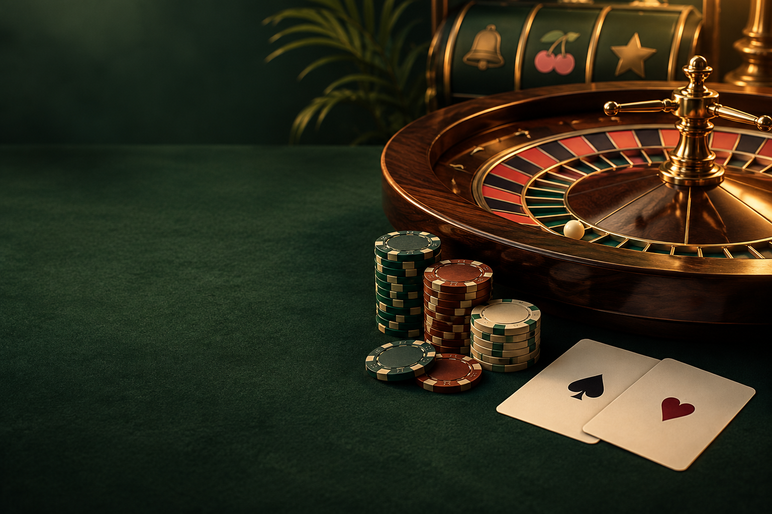 Ilustrasi meja roulette dengan keping, kartu, dan cahaya tembaga.